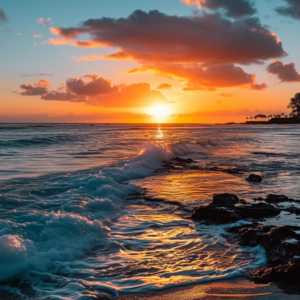 A picturesque sunset at Baga Beach, Goa, showcasing colorful skies and waves gently crashing against the sandy shore.