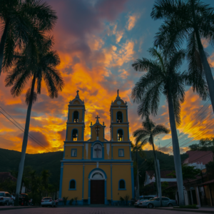 In Panji Goa, a church featuring two towers is beautifully surrounded by palm trees in the foreground.