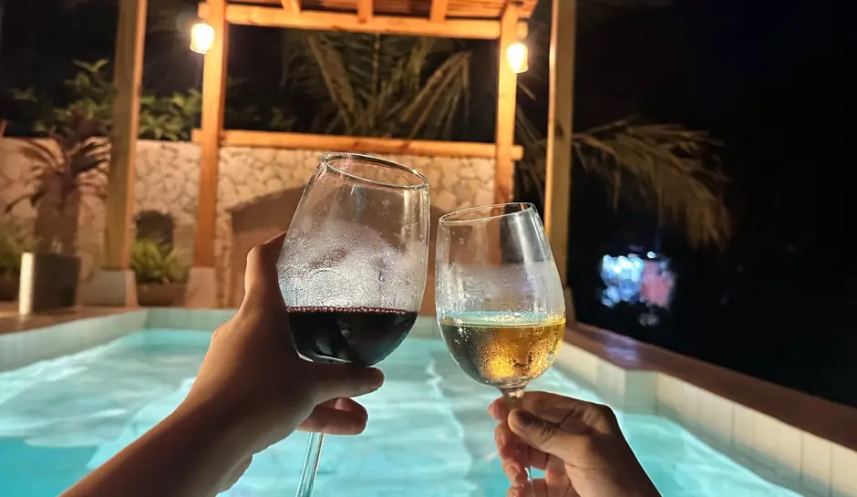 Two people toasting with a glass of red wine and a glass of white wine by a poolside at night, with softly lit surroundings.