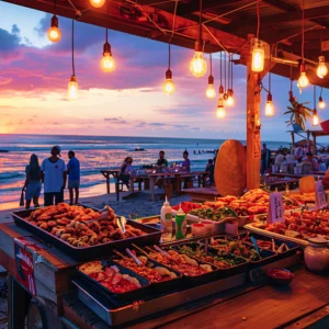 Beachside market with food display under hanging lights at sunset.