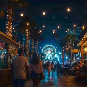 People walking on a lit boardwalk at night with a Ferris wheel in the background.