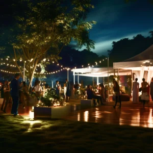 Evening outdoor event with guests, string lights, and a marquee tent.